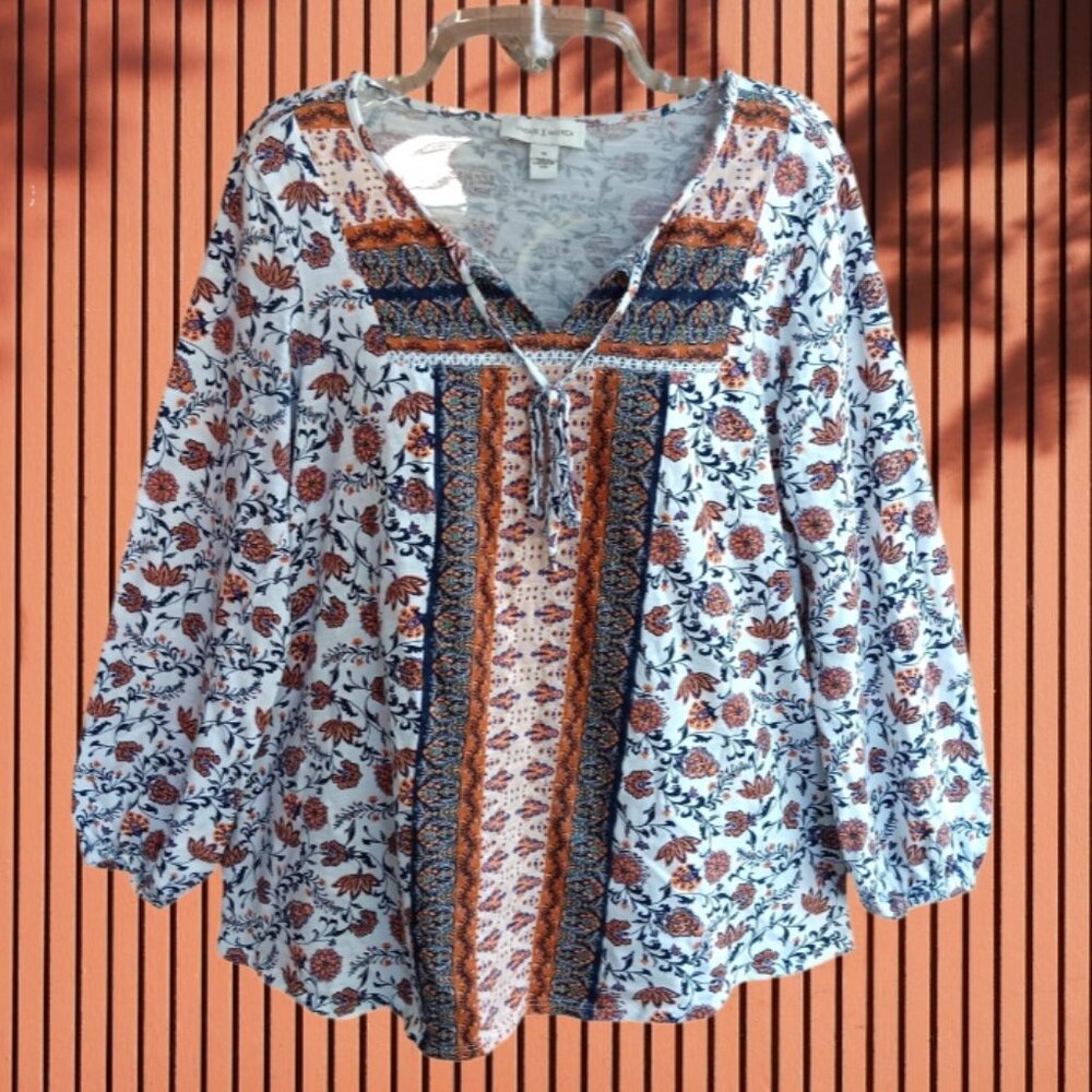 Vintage America Floral Tribal Boho Sleeve Woman Blouse with Tie Front Size M
